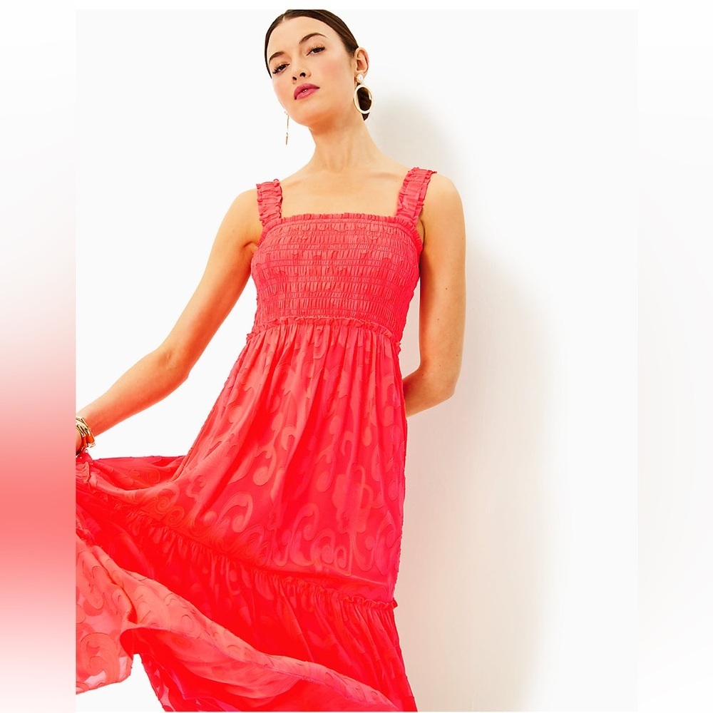 Lilly Pulitzer Coral Maxi Dress with Smocked Bodice - Picture 5 of 16